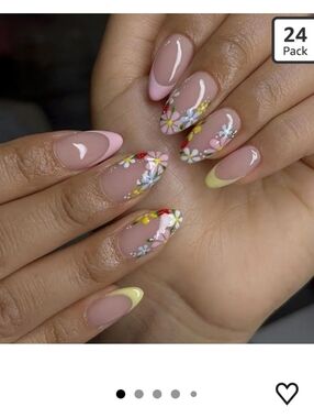 Floral Glossy Pink Yellow French Tips Press on Reusable Spring Summer Nails